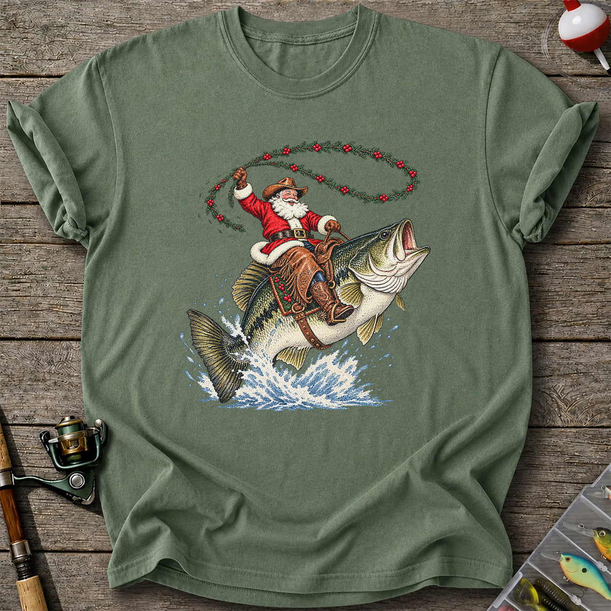 Cowboy Santa Riding a Jumping Bass Christmas Fishing Graphic T-Shirt