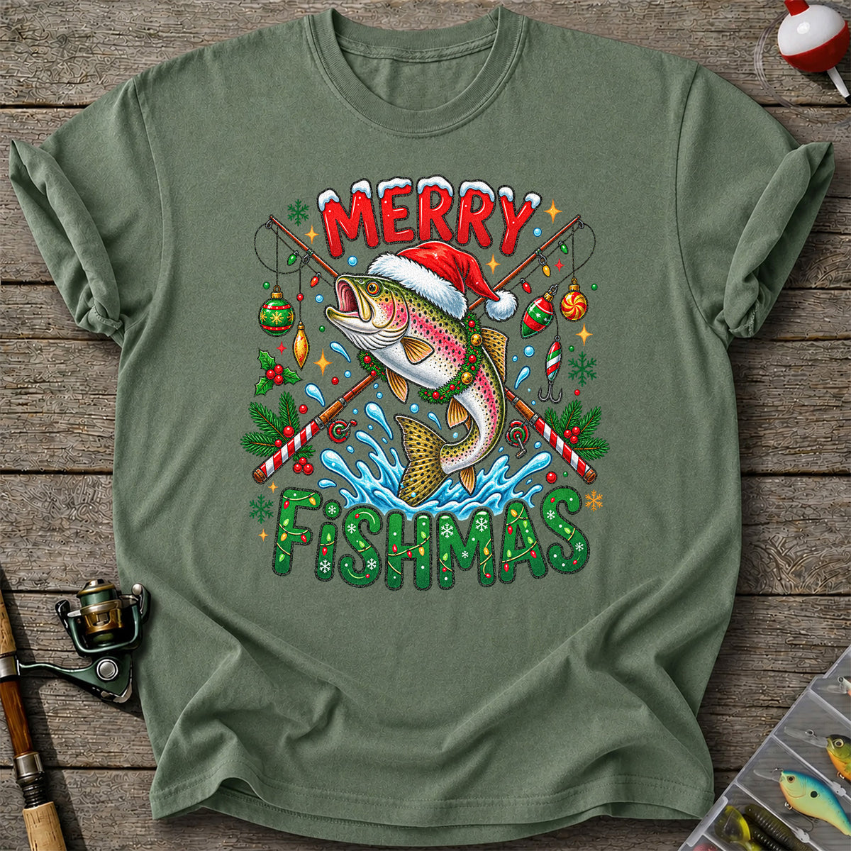 Merry Fishmas Santa Trout Christmas Fishing Graphic T-Shirt