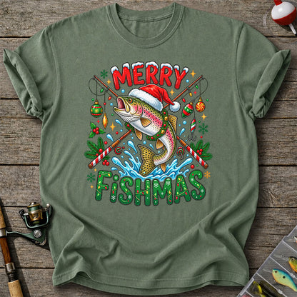 Merry Fishmas Santa Trout Christmas Fishing Graphic T-Shirt