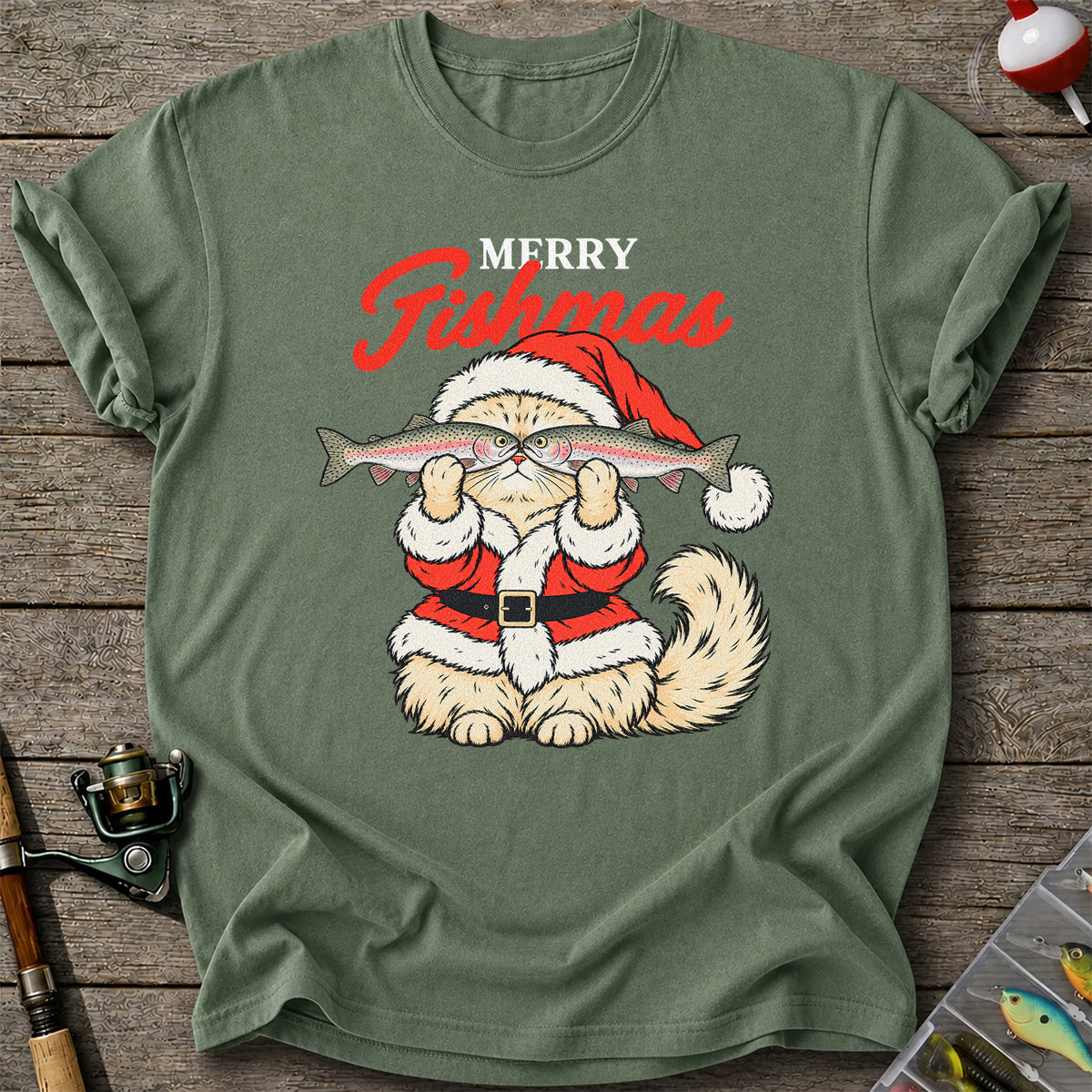 Santa Cat Holding Trout Merry Christmas Fishing T-Shirt