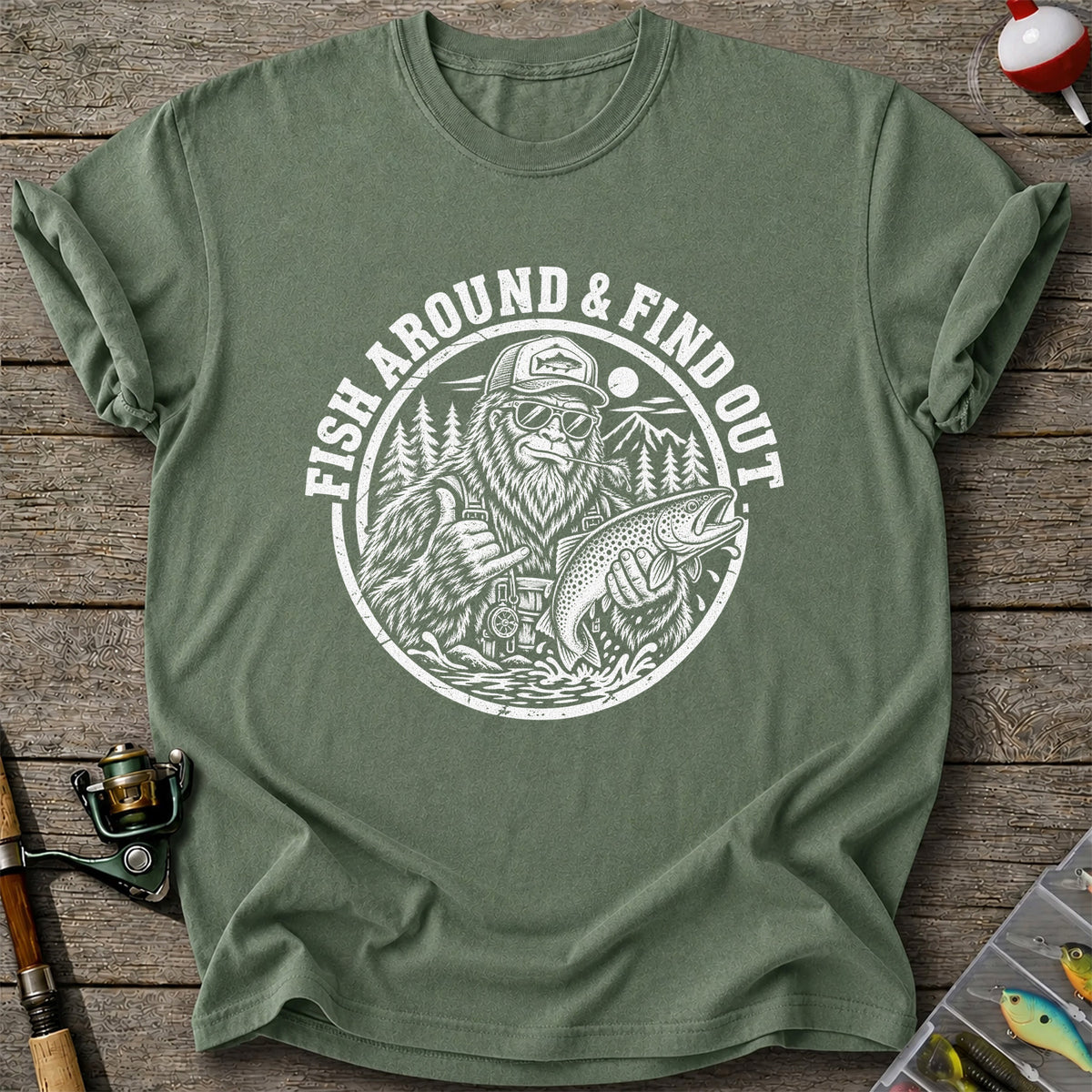 Fish Around & Find Out Bigfoot Trout Fishing Graphic T-Shirt