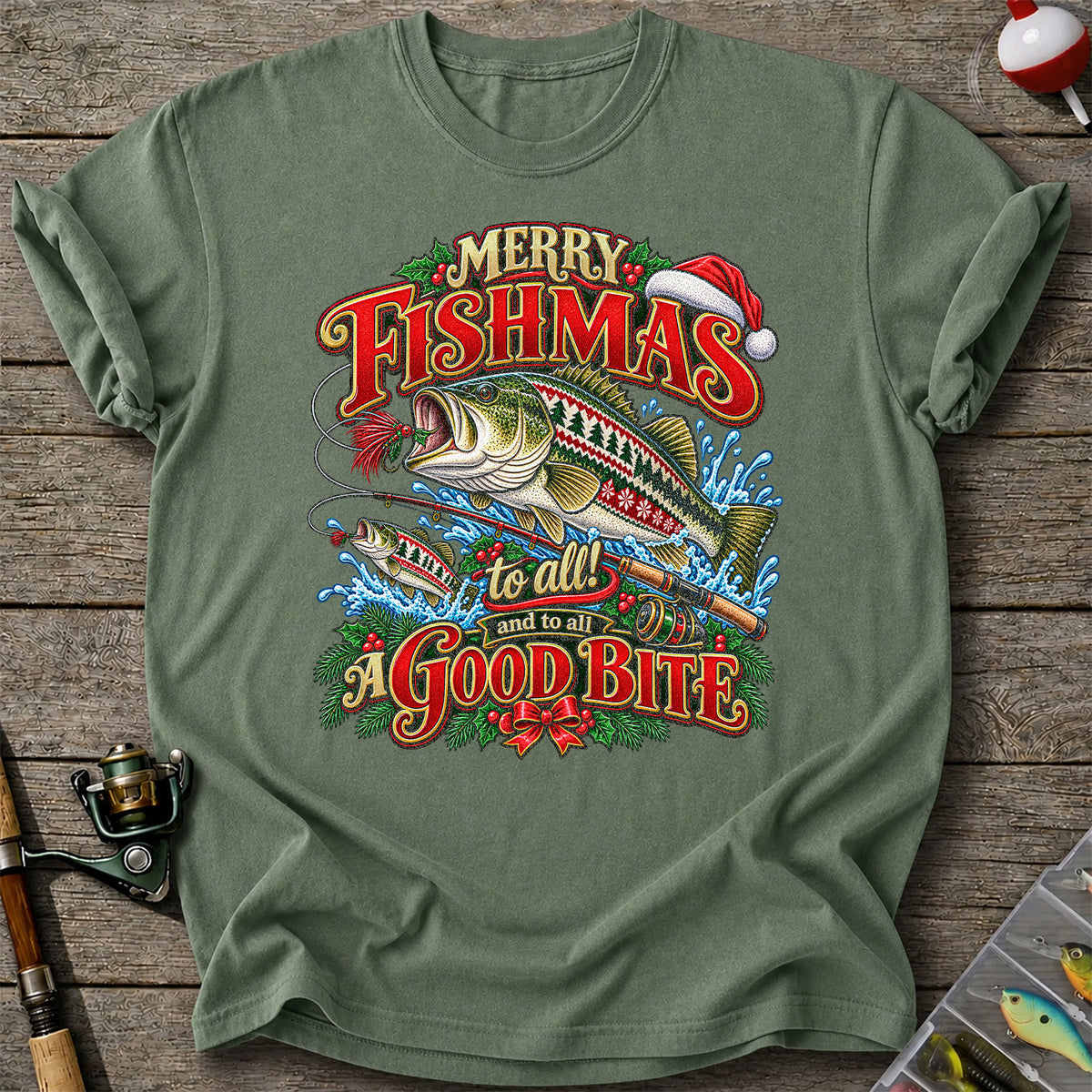 Merry Fishmas Christmas Sweater Pattern Bass Fishing T-Shirt