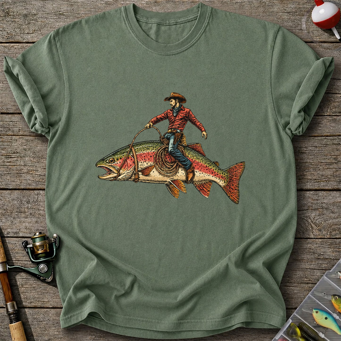 Cowboy Riding Rainbow Trout T-Shirt Vintage Western Fishing Tee