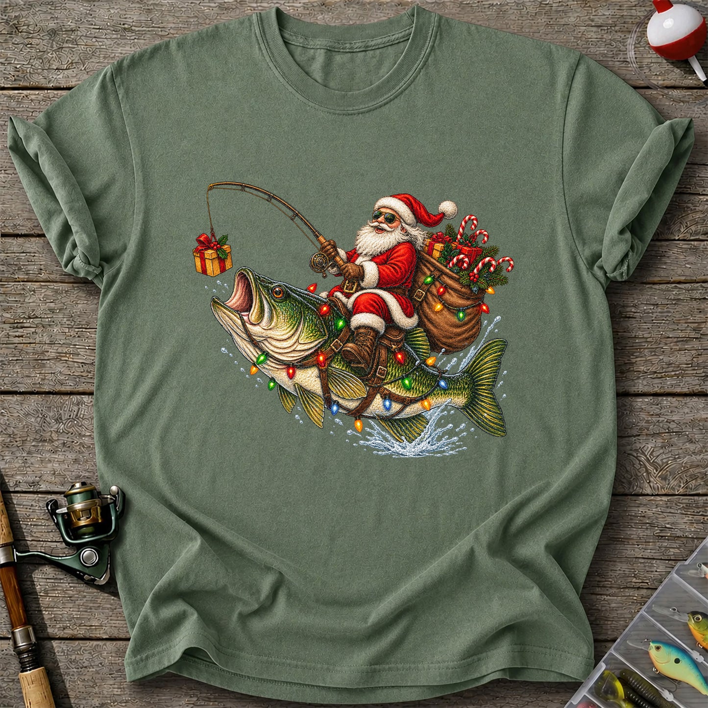 Santa Riding a Largemouth Bass Christmas Fishing Graphic T-Shirt
