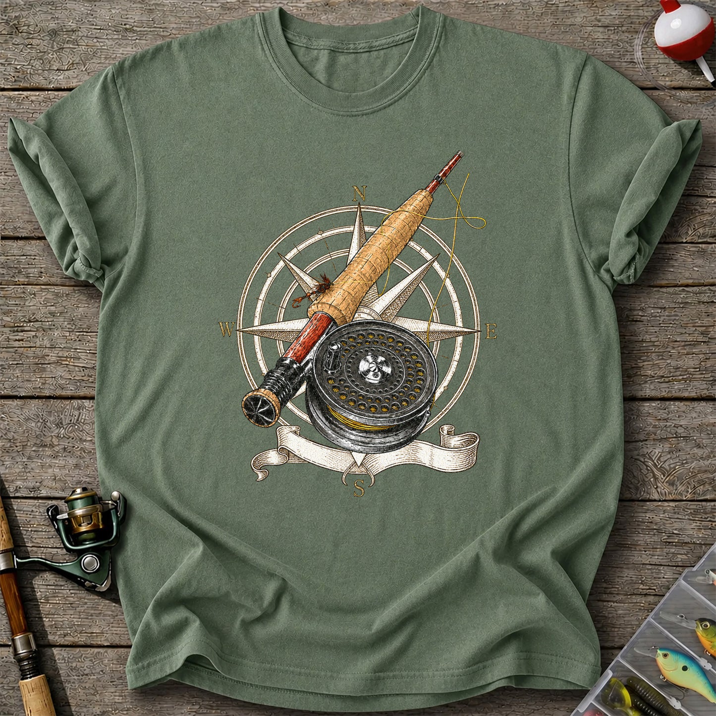 Vintage Fly Fishing Rod Reel and Compass Graphic T-Shirt
