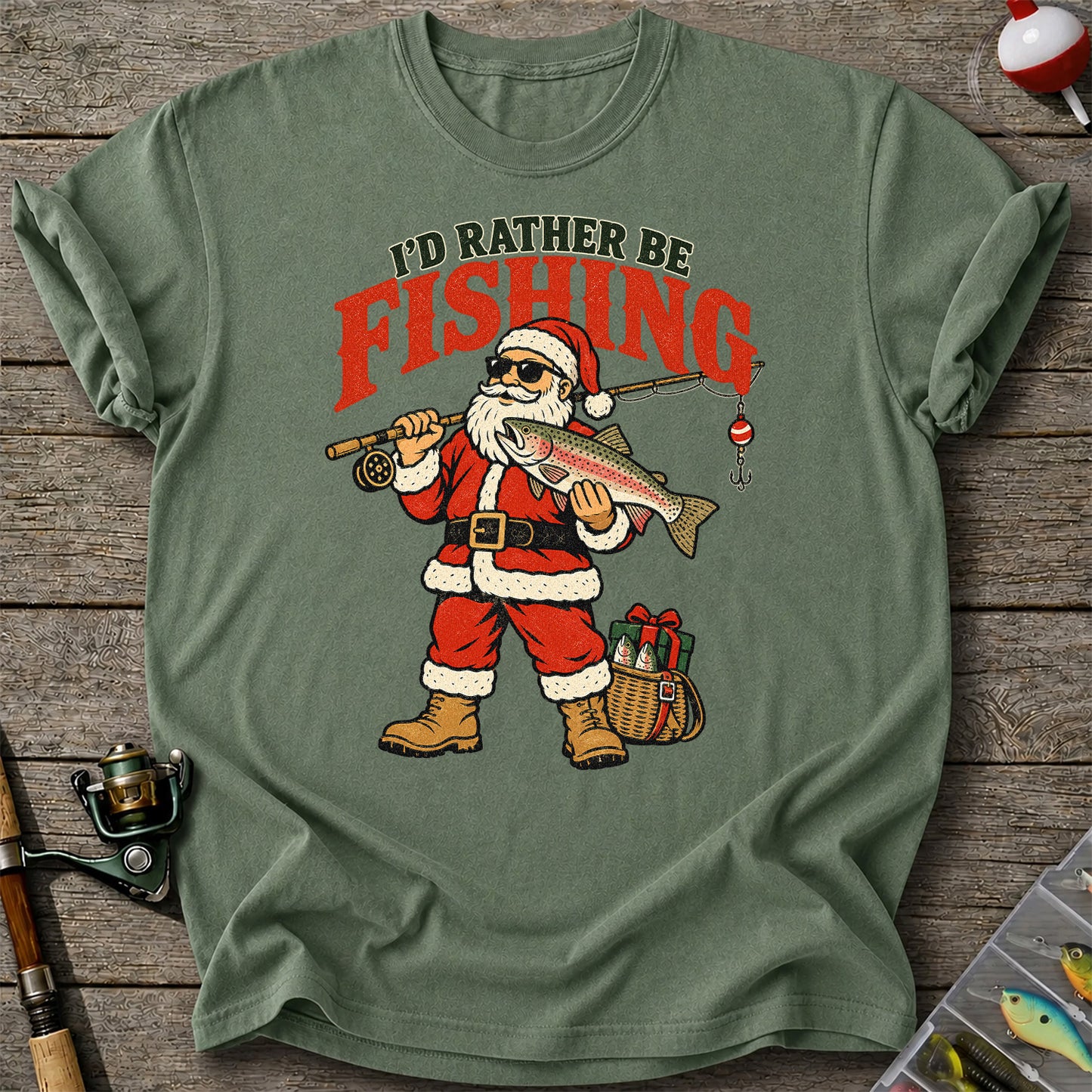 I'd Rather Be Fishing Santa Holding Rainbow Trout Christmas T-Shirt