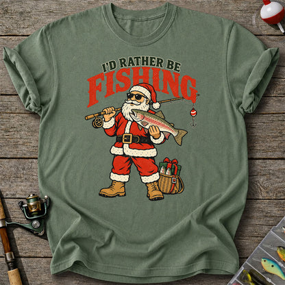I'd Rather Be Fishing Santa Holding Rainbow Trout Christmas T-Shirt