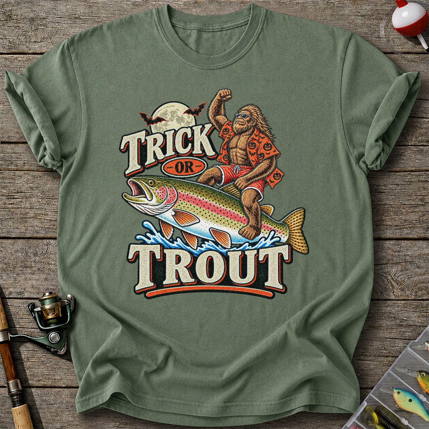 Trick or Trout Bigfoot Riding a Rainbow Trout Halloween Fishing T-Shirt