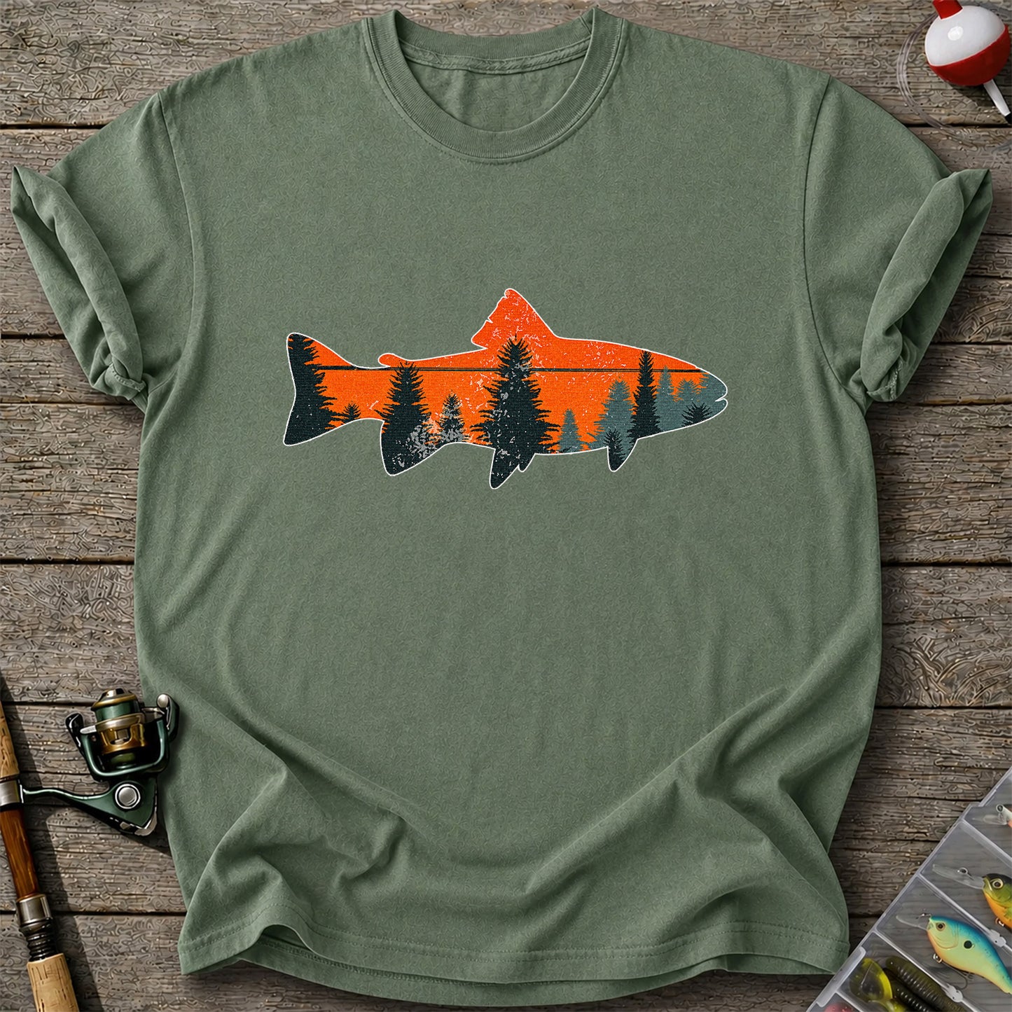 Trout with Mountain Sunset and Pine Forest Fishing Graphic T-Shirt