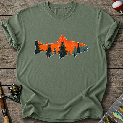 Trout with Mountain Sunset and Pine Forest Fishing Graphic T-Shirt