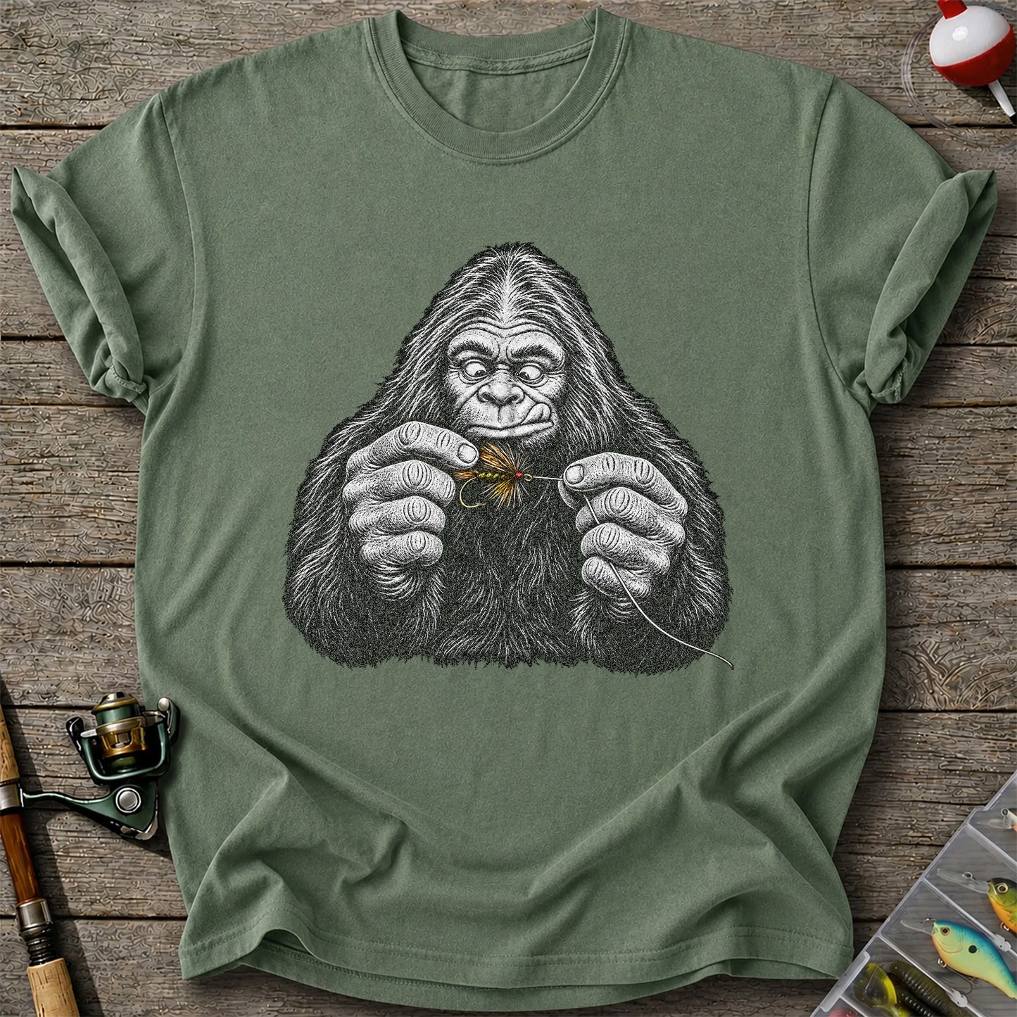 Bigfoot Tying a Fly Fishing Lure Graphic T-Shirt