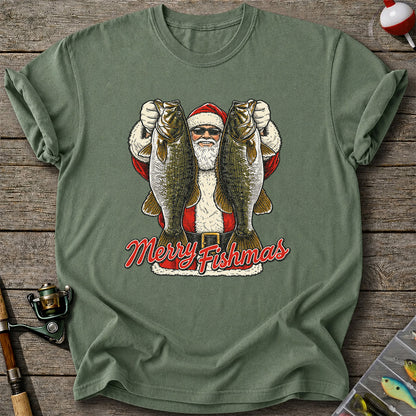 Santa Holding Bass Christmas Fishing Graphic T-Shirt