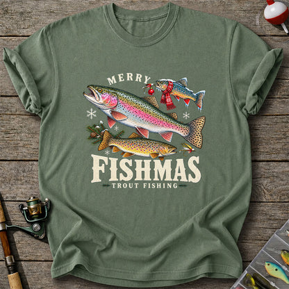 Merry Fishmas Trout Fishing Christmas Graphic T-Shirt