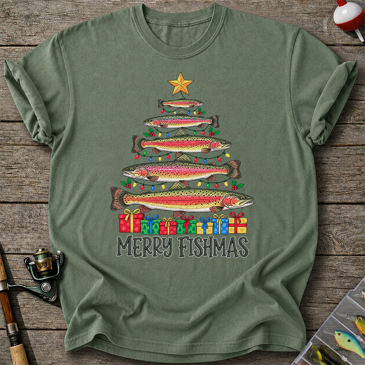 Rainbow Trout Christmas Tree Fishing Graphic T-Shirt