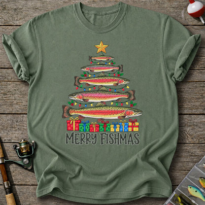 Rainbow Trout Christmas Tree Fishing Graphic T-Shirt
