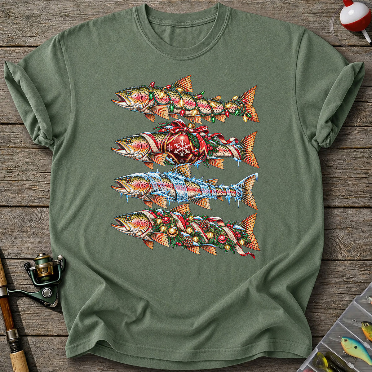 Christmas Rainbow Trout with Holiday Lights Fishing Graphic T-Shirt