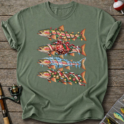 Christmas Rainbow Trout with Holiday Lights Fishing Graphic T-Shirt