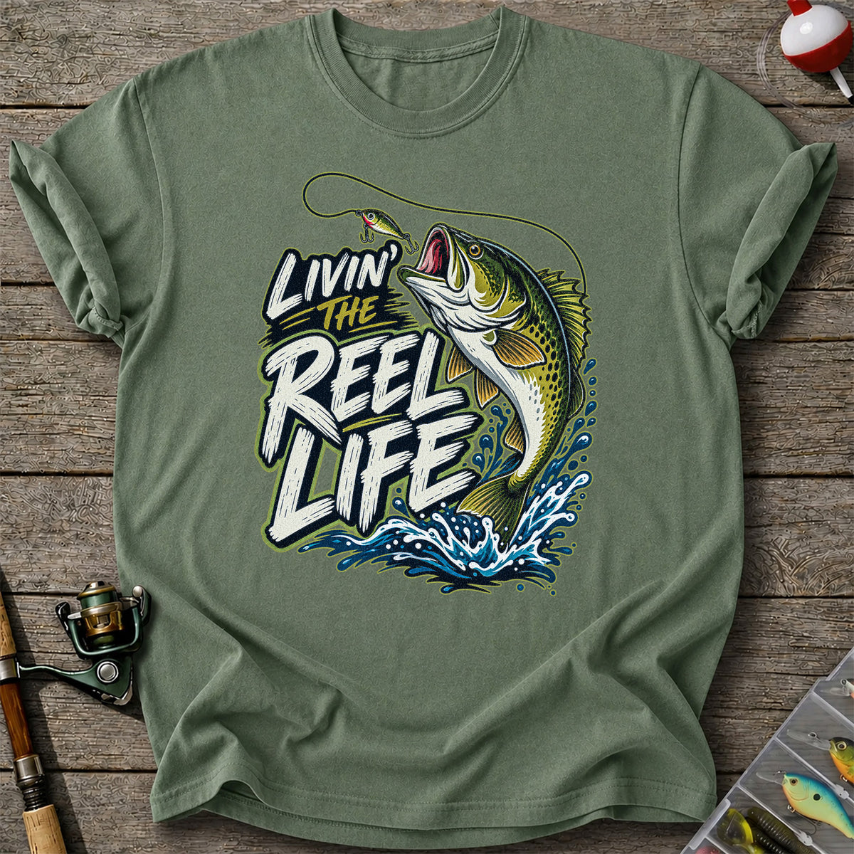 Livin' the Reel Life Jumping Bass Fishing Graphic T-Shirt