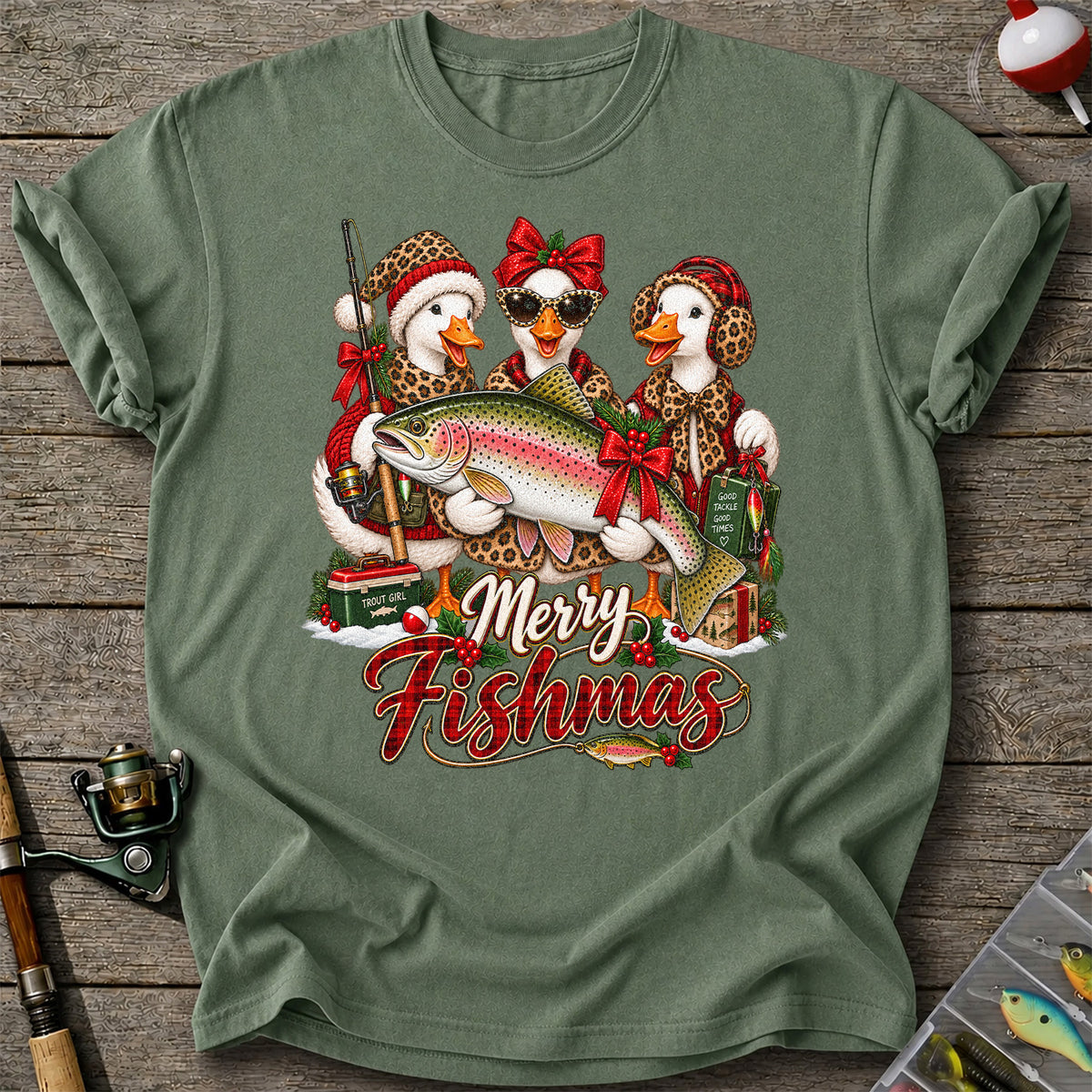 Merry Fishmas Christmas Ducks with Rainbow Trout Fishing T-Shirt