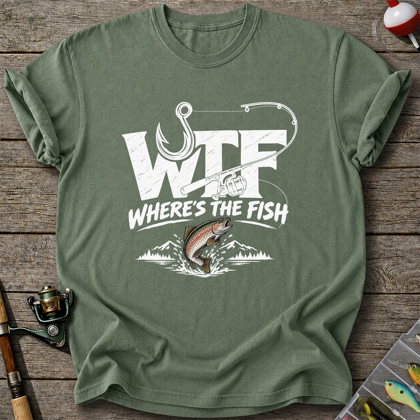 WTF Where's the Fish Rainbow Trout Fishing Graphic T-Shirt
