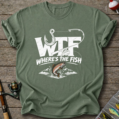 WTF Where's the Fish Rainbow Trout Fishing Graphic T-Shirt