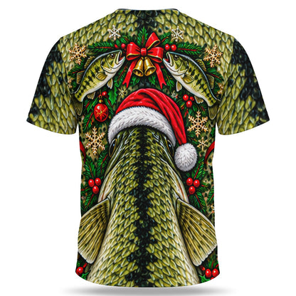 Santa Hat Bass Face and Holiday Greenery 3D Fishing T-Shirt