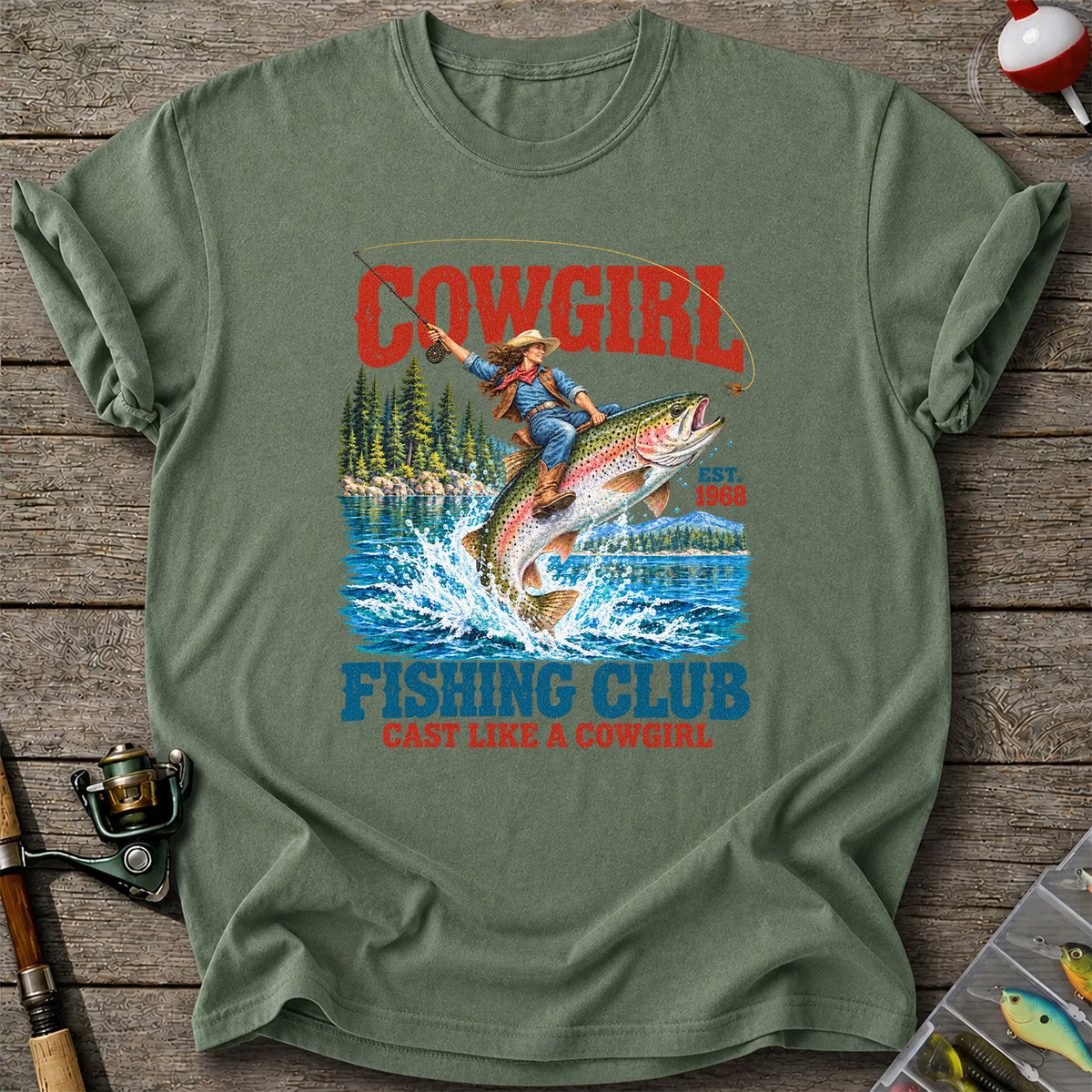 Cowgirl Riding Rainbow Trout Fishing Club T-Shirt