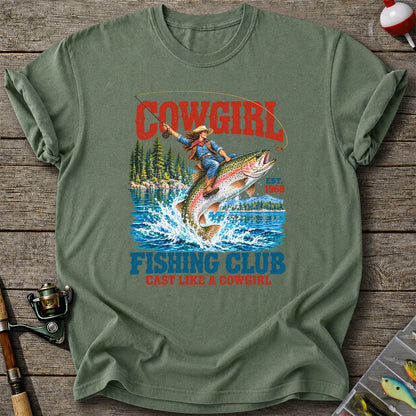 Cowgirl Riding Rainbow Trout Fishing Club T-Shirt