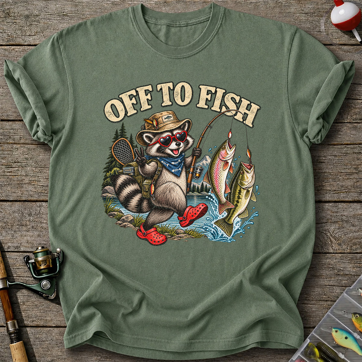 Off to Fish Raccoon with Trout and Bass Fishing T-Shirt