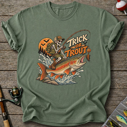Trick or Trout Halloween Skeleton Angler Fishing T-Shirt