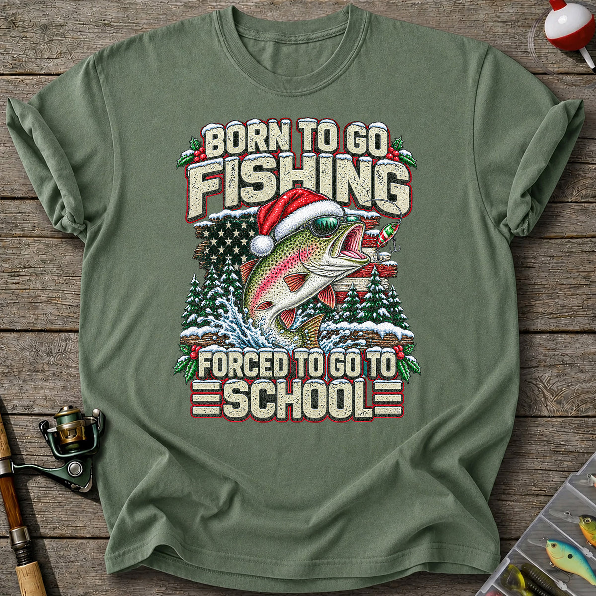Born to Go Fishing Forced to Go to School Christmas Rainbow Trout T-Shirt