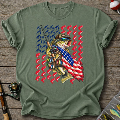 Patriotic Bass Fishing Graphic T-Shirt with American Flag Design