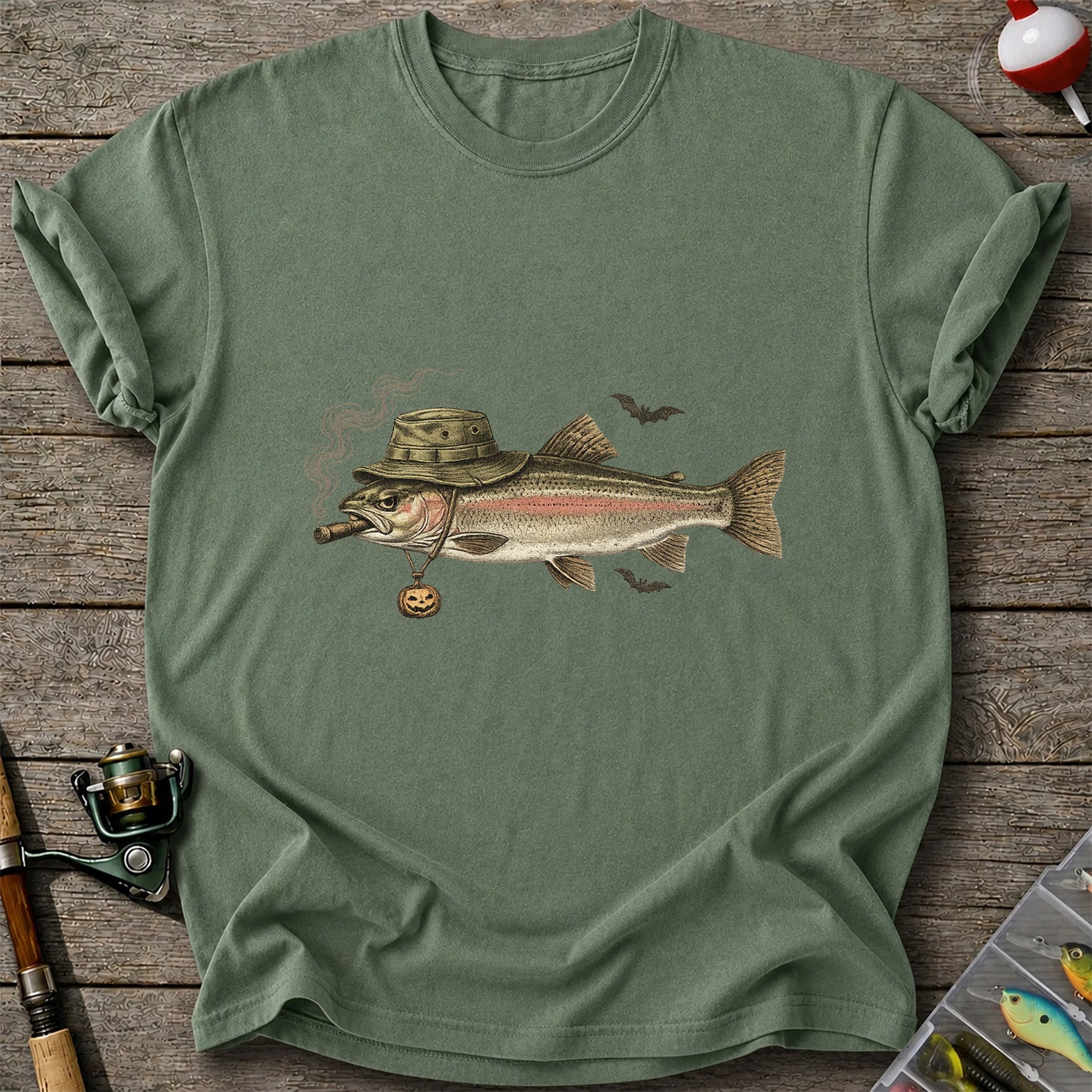 Halloween Trout in Fishing Hat with Pumpkin Charm Graphic T-Shirt