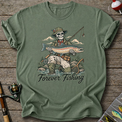 Forever Fishing Skeleton Angler Holding Rainbow Trout Graphic T-Shirt