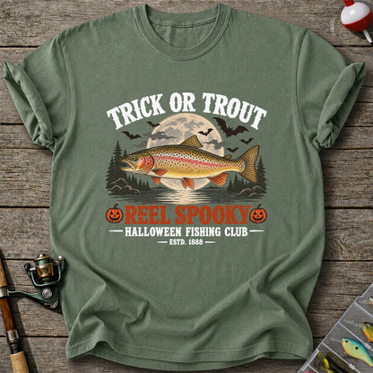 Trick or Trout Reel Spooky Halloween Fishing Club T-Shirt