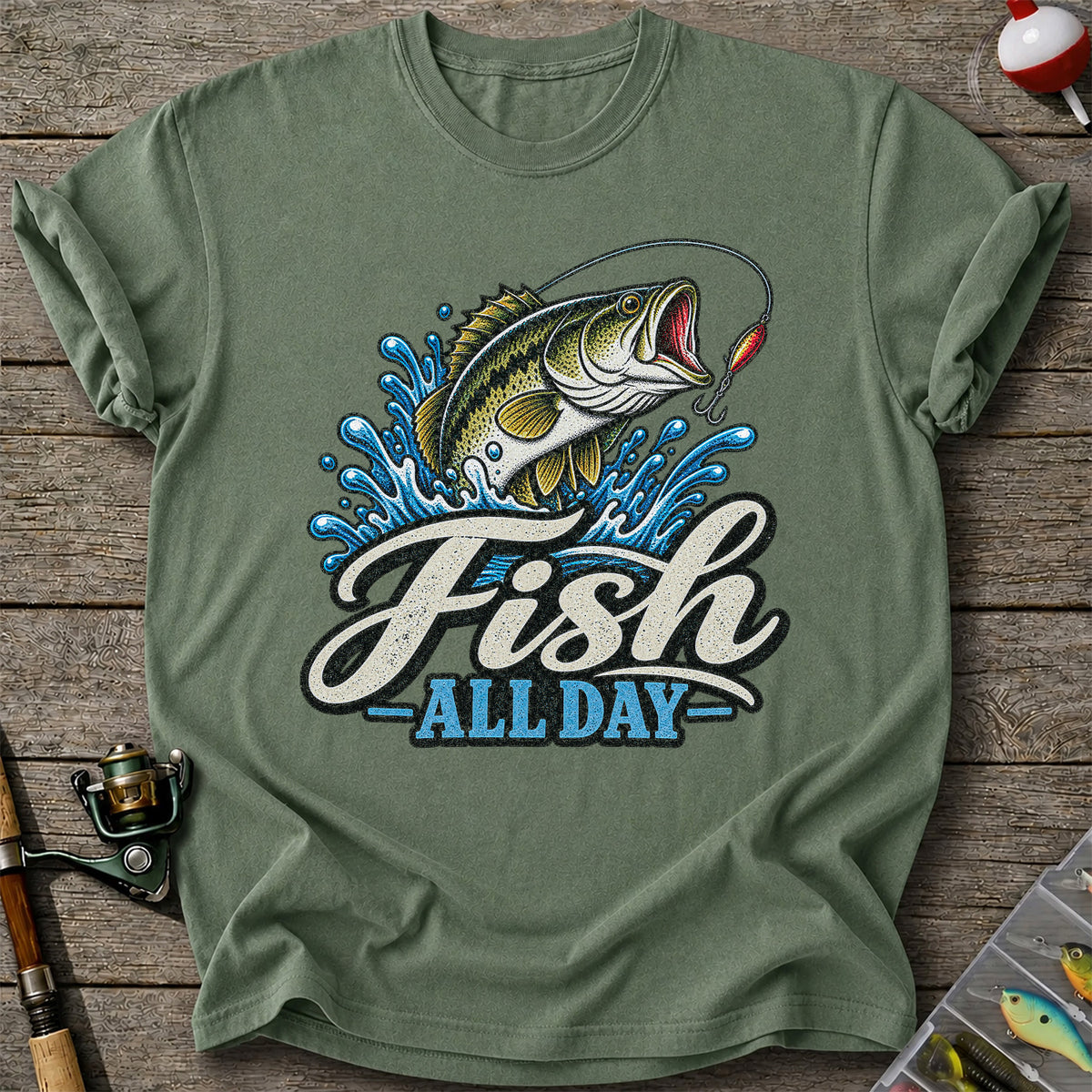 Fish All Day Jumping Bass Fishing Graphic T-Shirt
