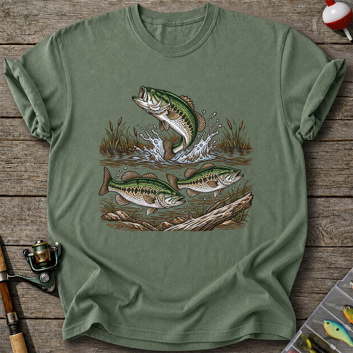 Largemouth Bass Jumping River Fishing Graphic T-Shirt
