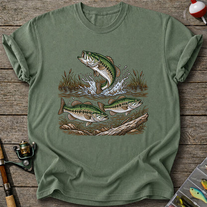 Largemouth Bass Jumping River Fishing Graphic T-Shirt