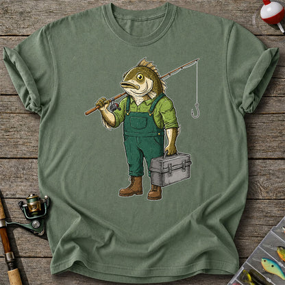 Funny Bass Fisherman Carrying Tackle Box Graphic T-Shirt