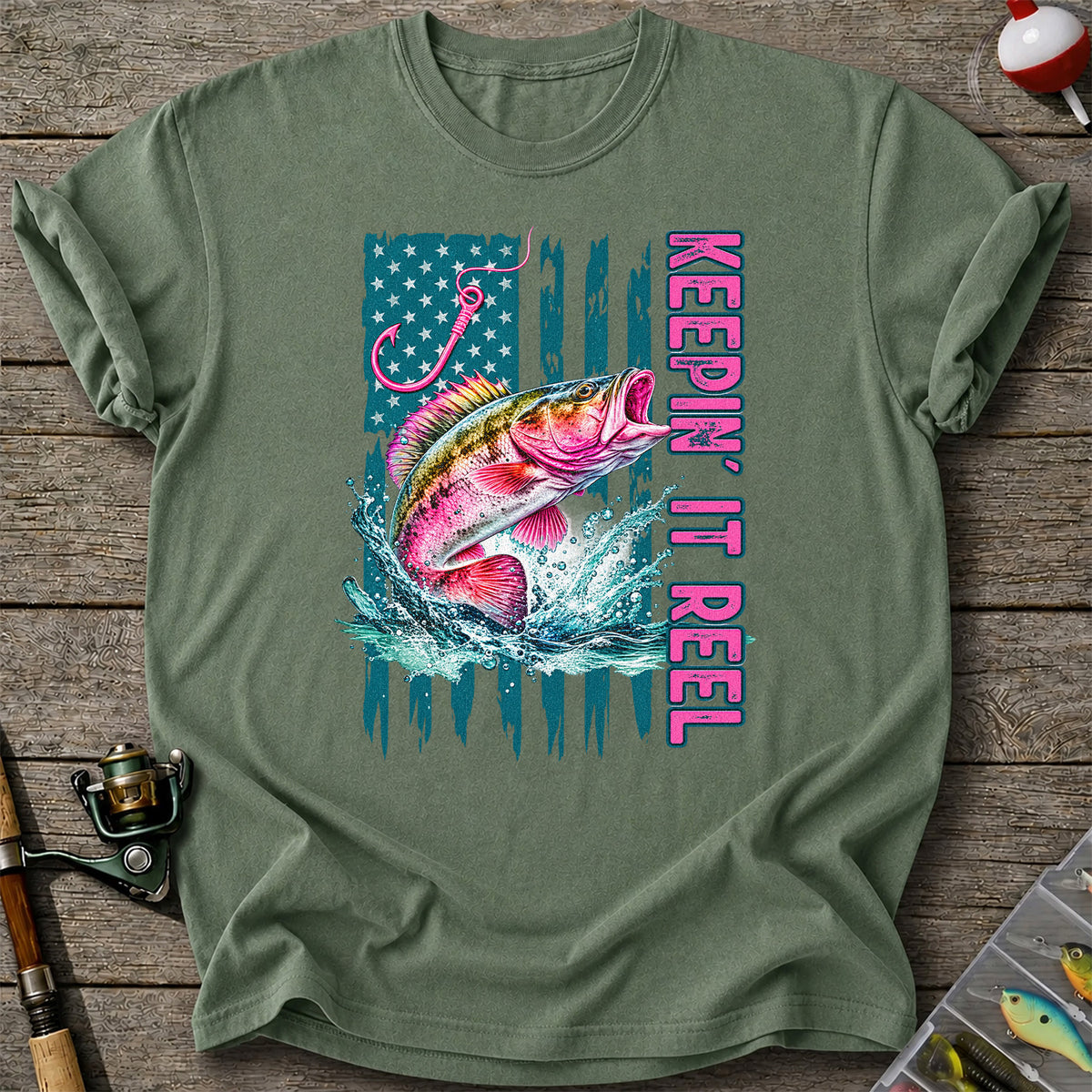 Keepin' It Reel Bass Fishing American Flag Graphic T-Shirt