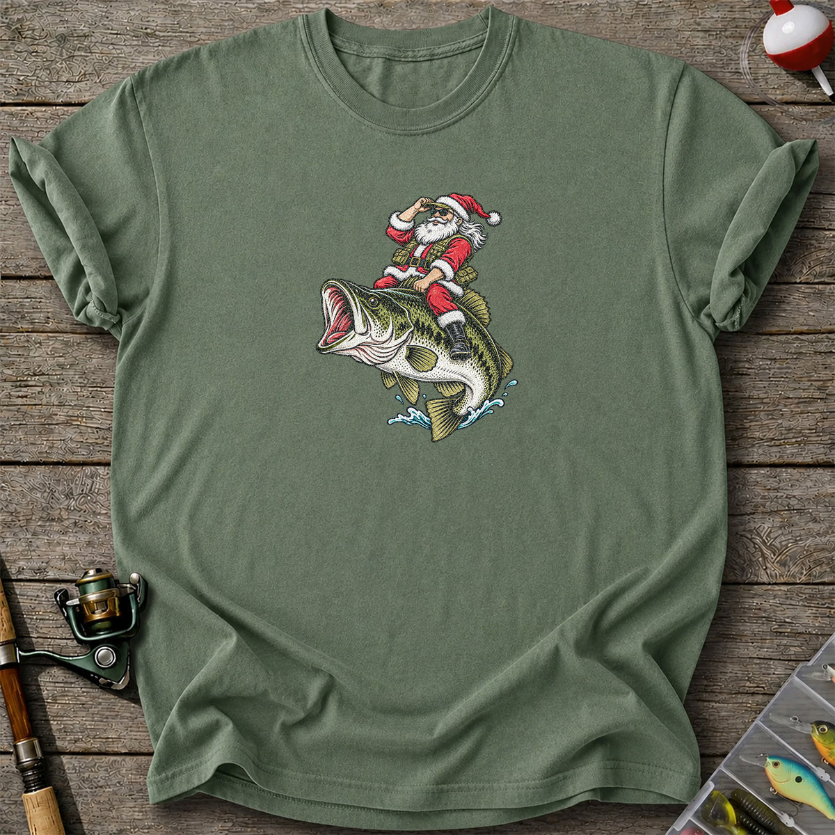Santa Riding Largemouth Bass Christmas Fishing Graphic T-Shirt