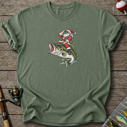 Santa Riding Largemouth Bass Christmas Fishing Graphic T-Shirt