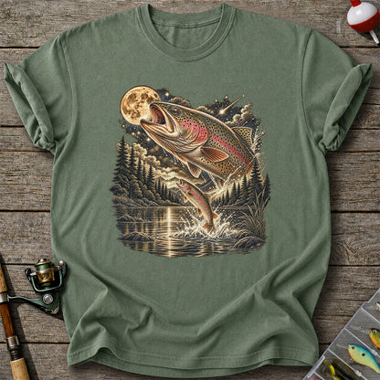 Moonlit Rainbow Trout Jumping from Mountain Lake Graphic T-Shirt