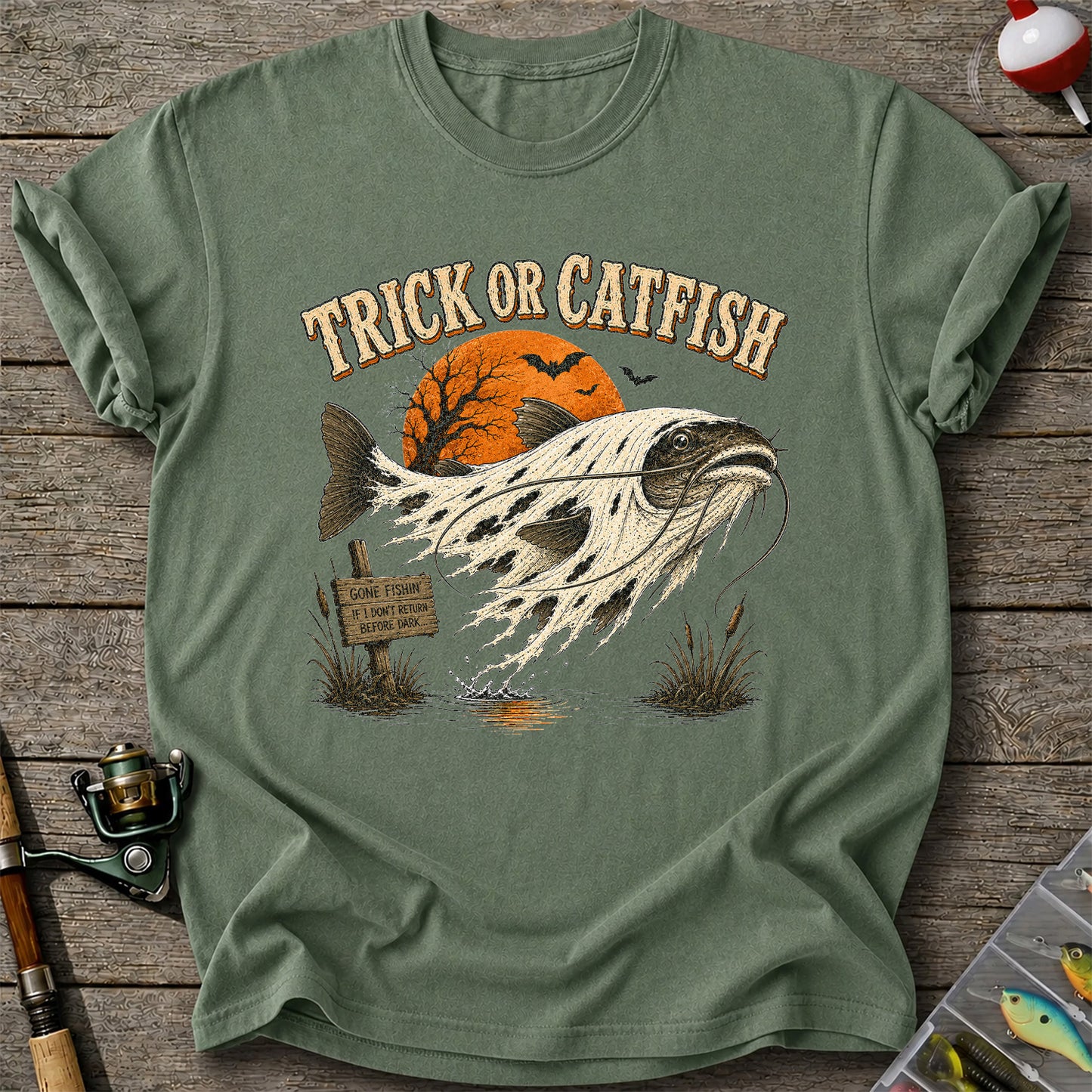 Trick or Catfish Halloween Fishing T-Shirt, Vintage Trout Angler Tee