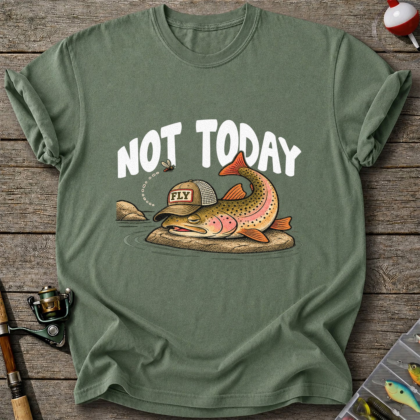 Not Today Brown Trout Wearing a Fly Fishing Hat Funny T-Shirt