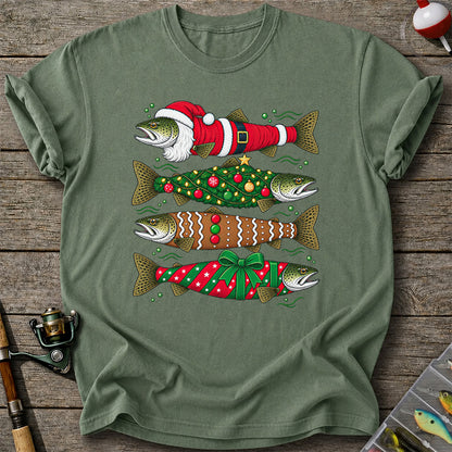 Christmas Trout Santa Tree and Gift Wrap Fishing T-Shirt