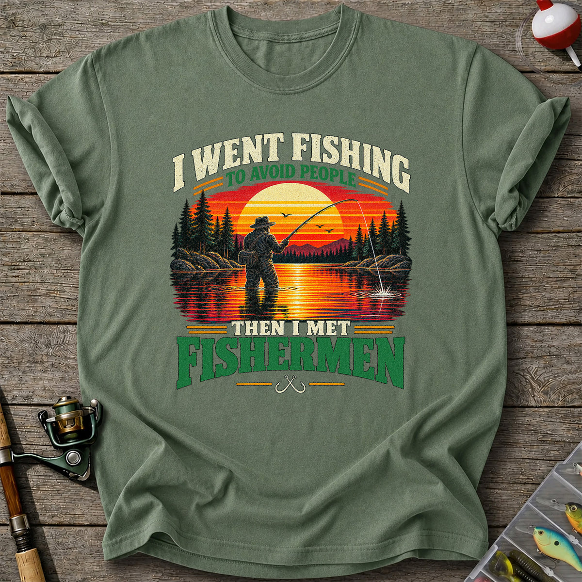 Sunset Fisherman Fishing Humor Graphic T-Shirt