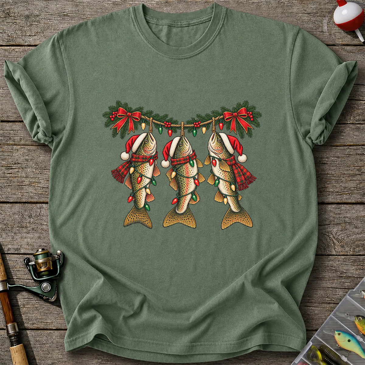 Festive Trout String Lights Christmas Fishing T-Shirt