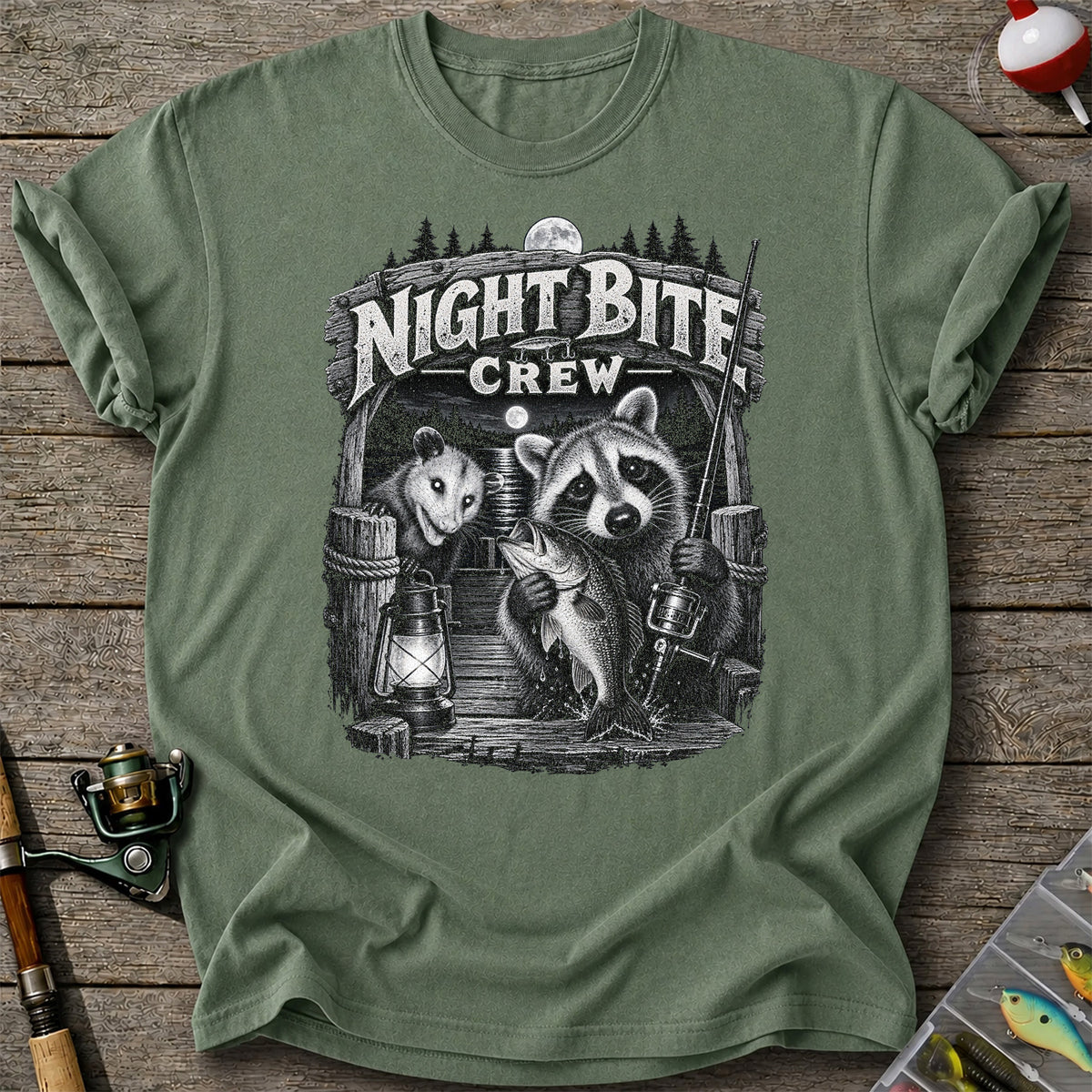 Night Bite Crew Raccoon and Bass Fishing Graphic T-Shirt