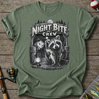 Night Bite Crew Raccoon and Bass Fishing Graphic T-Shirt